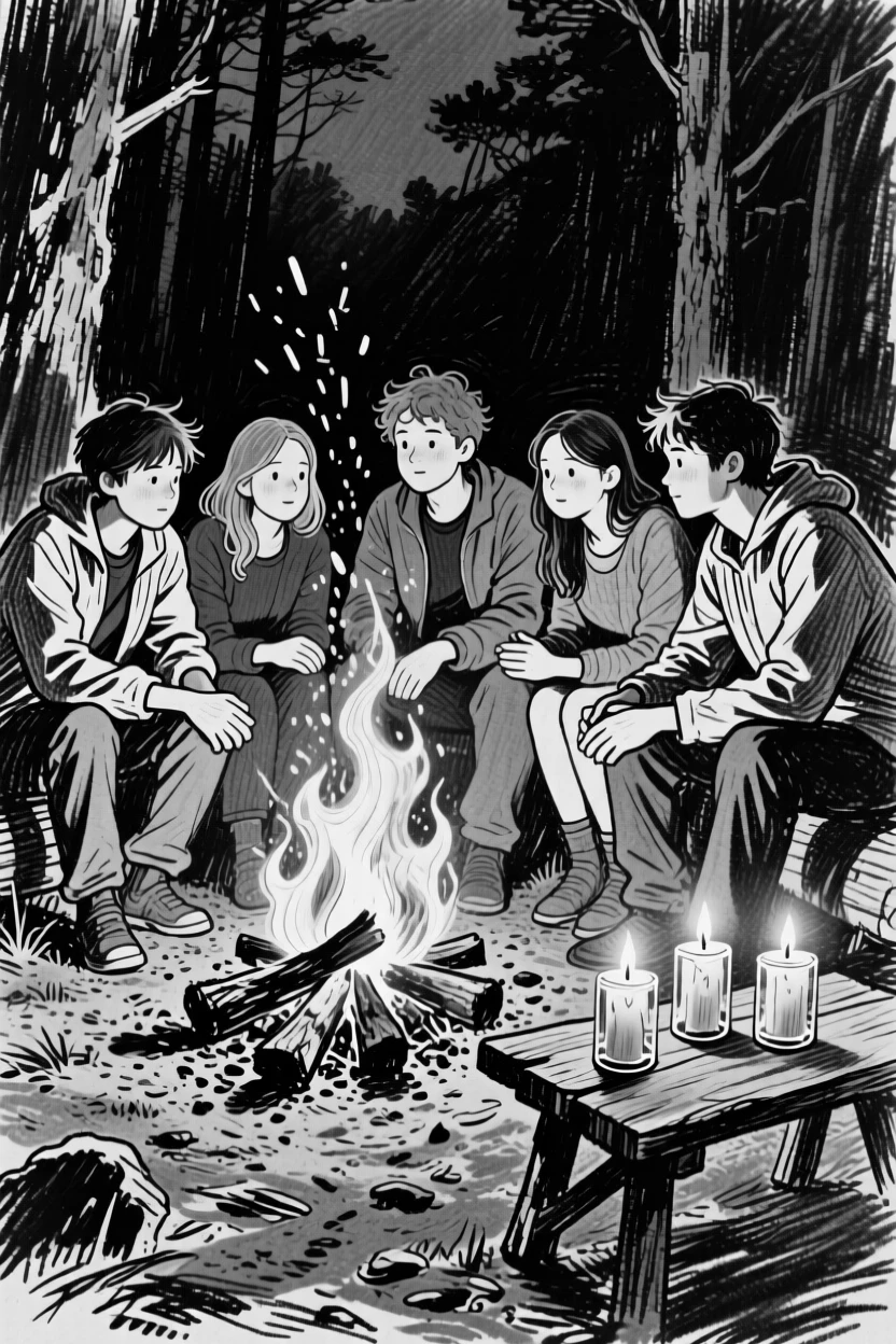 Friends gathered around a campfire telling stories, as soft candlelight flickers nearby.
