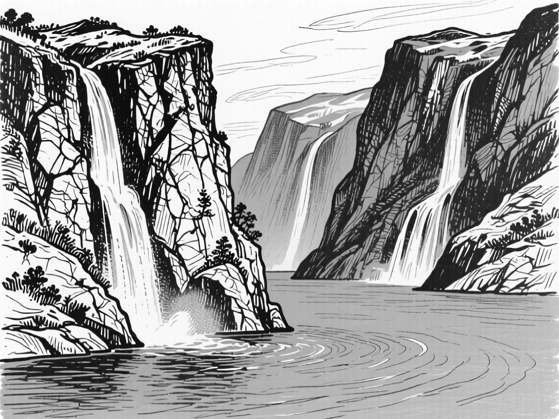 The dramatic fjords of Norway with waterfalls cascading into deep blue water.