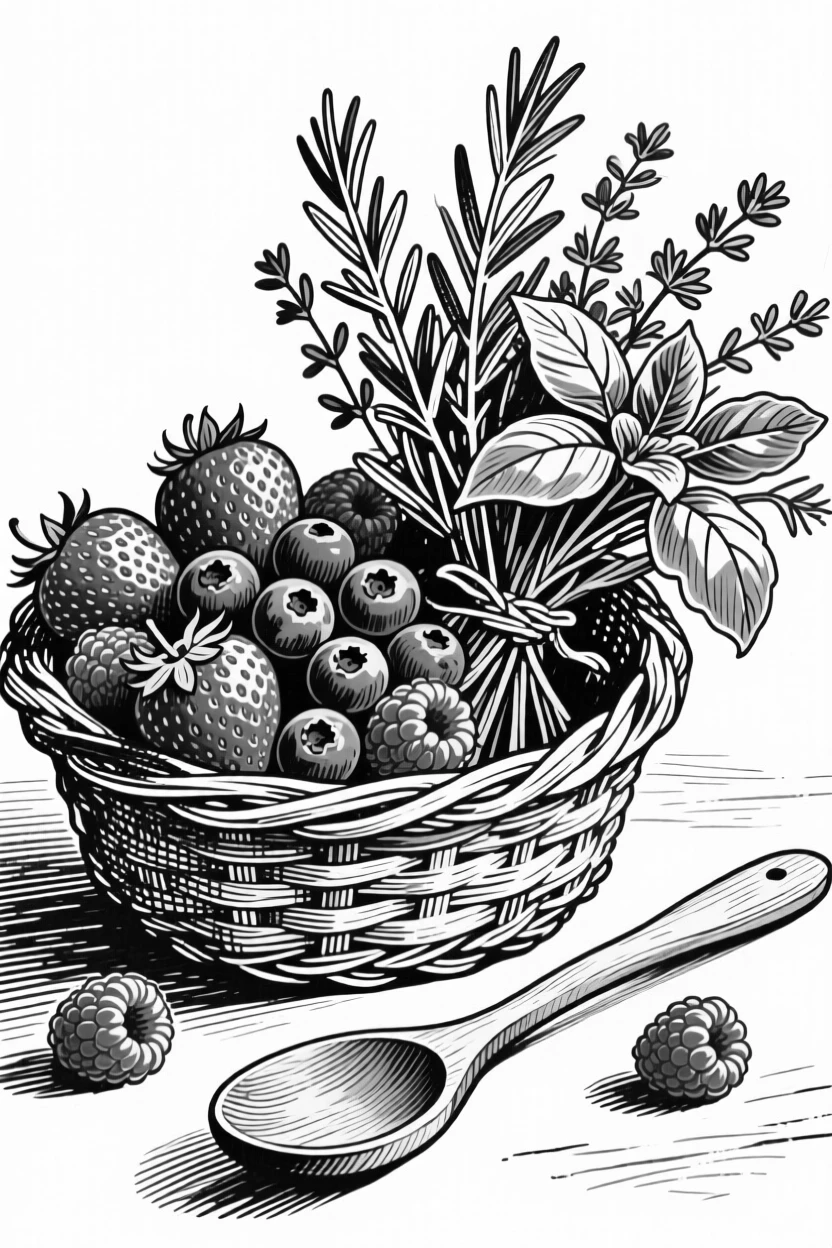A basket of ripe berries set beside a bouquet of fresh herbs, with a wooden spoon resting on the edge, presented in a fresh and vibrant culinary still life.