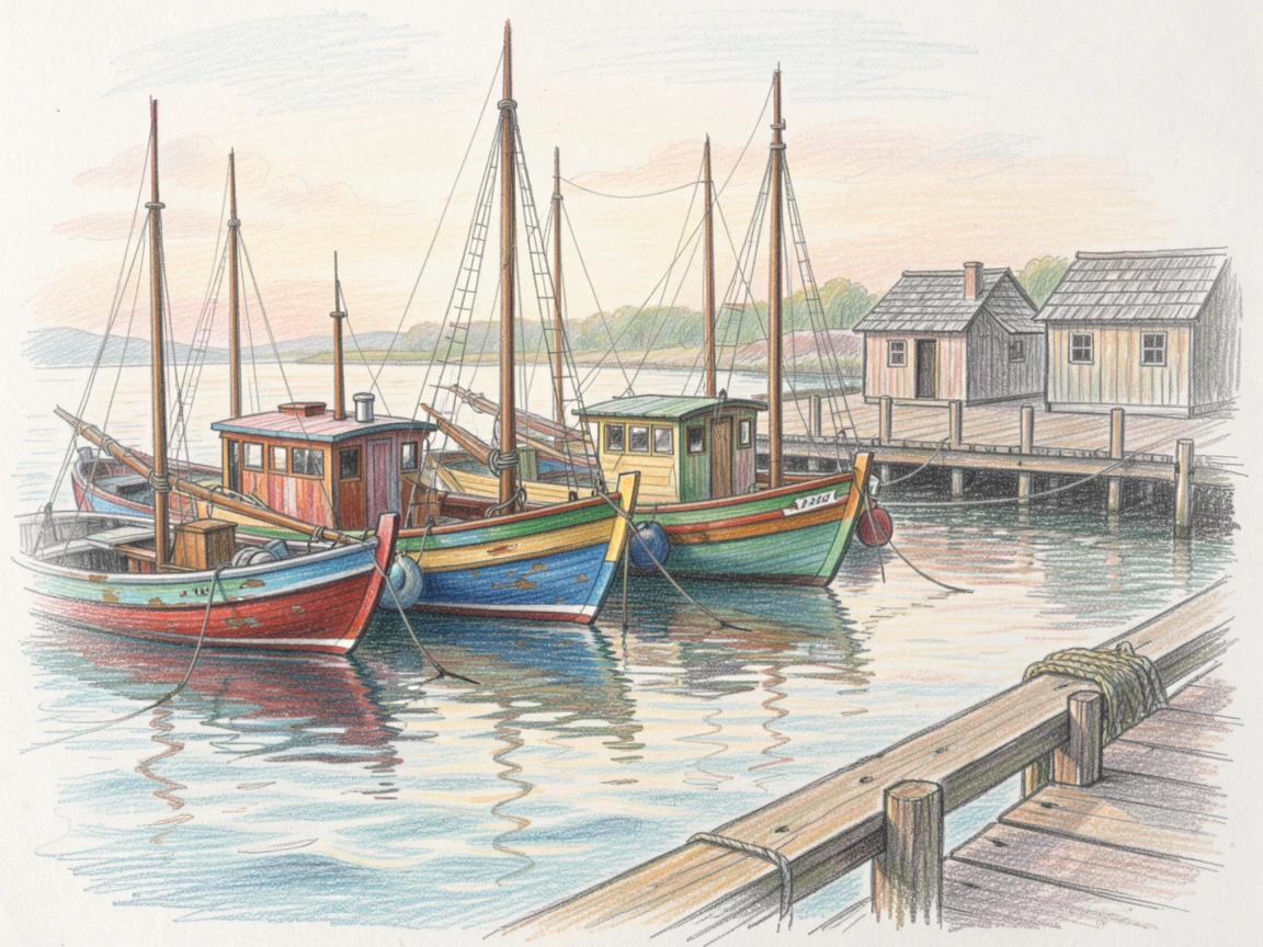 A fishing village harbor lined with colorful wooden boats at dawn, with delicate details that reward a closer look, celebrating a moment people would love to revisit.