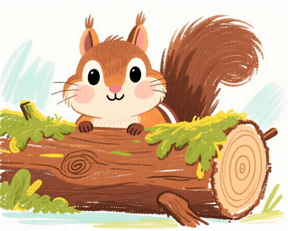 A chipmunk peeking out from behind a moss covered log.