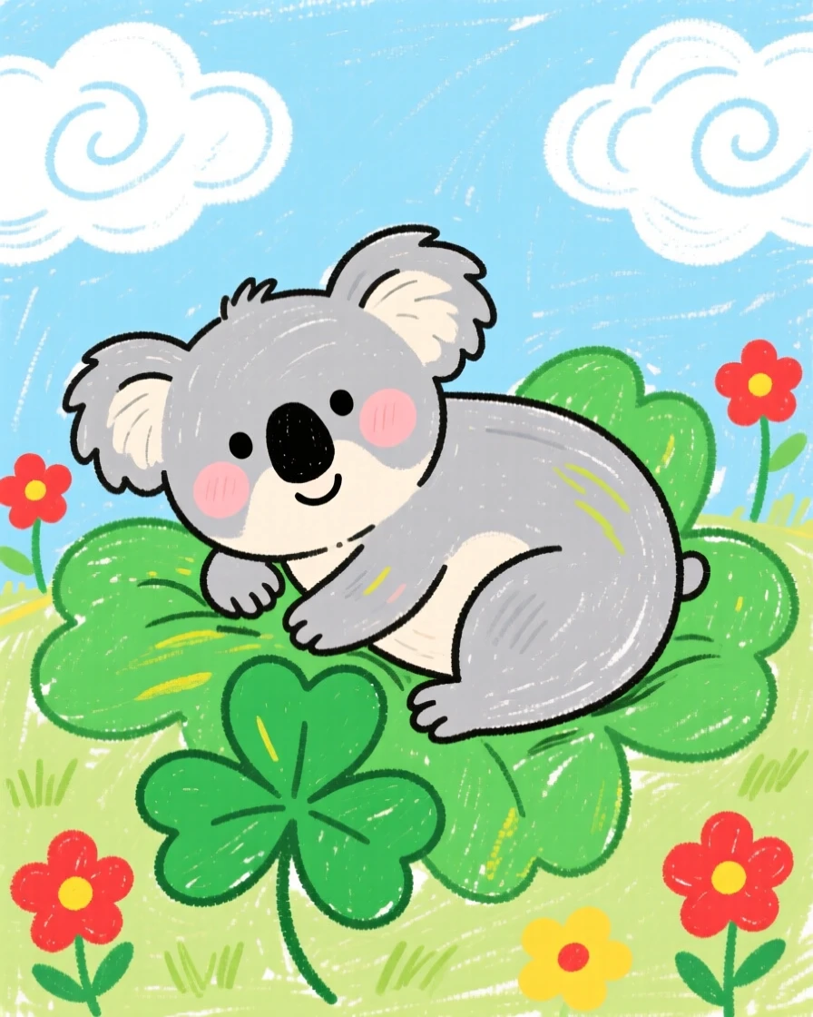 A plump koala joey resting on a bed of clover.