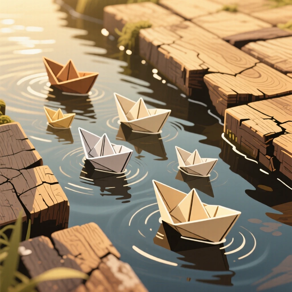 A set of paper boats floating down a gentle stream, resting on a weathered wooden surface, arranged in a carefully styled flat lay, with soft golden light highlighting fine craftsmanship.