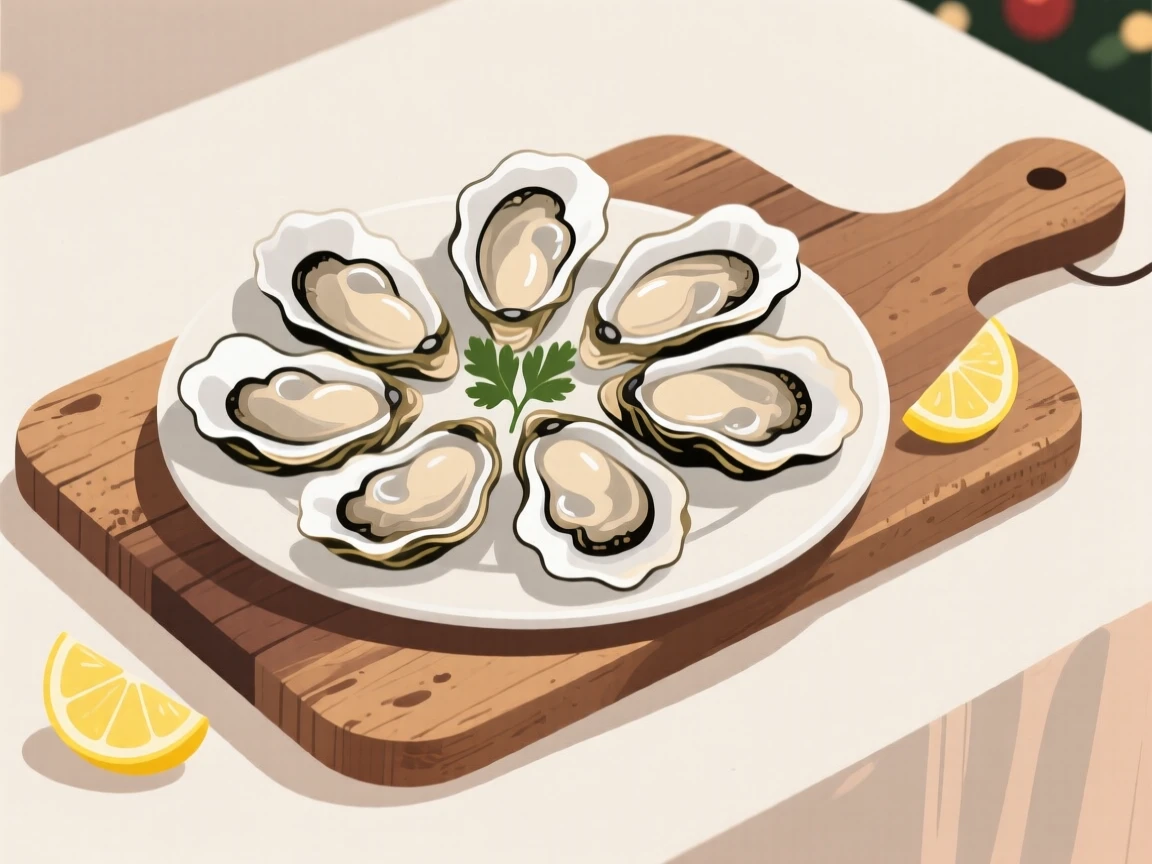 A plate of fresh oysters beautifully displayed on a rustic wooden board at a holiday feast.
