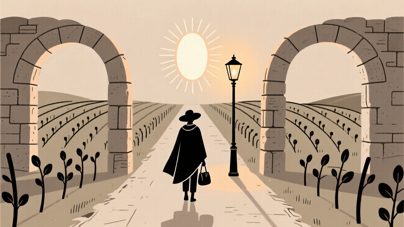 A traveler standing before a lantern-lit street in a countryside dotted with vineyards, with weathered stone archways nearby, feeling quiet discovery.