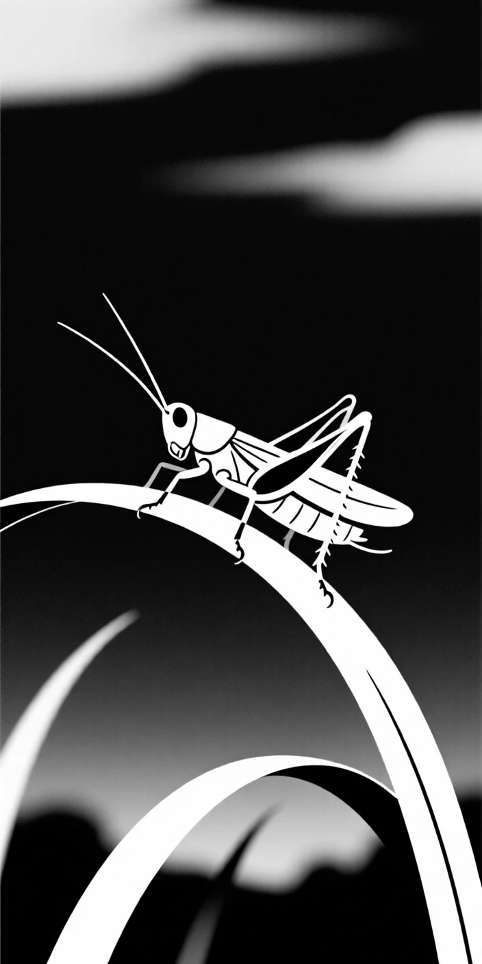 A cricket perched on a blade of grass under a summer evening sky.