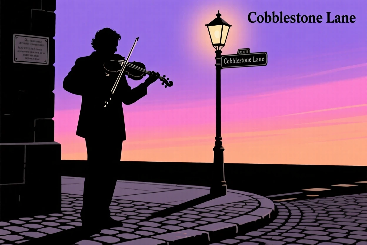 A street musician playing a violin on a quiet cobblestone corner.