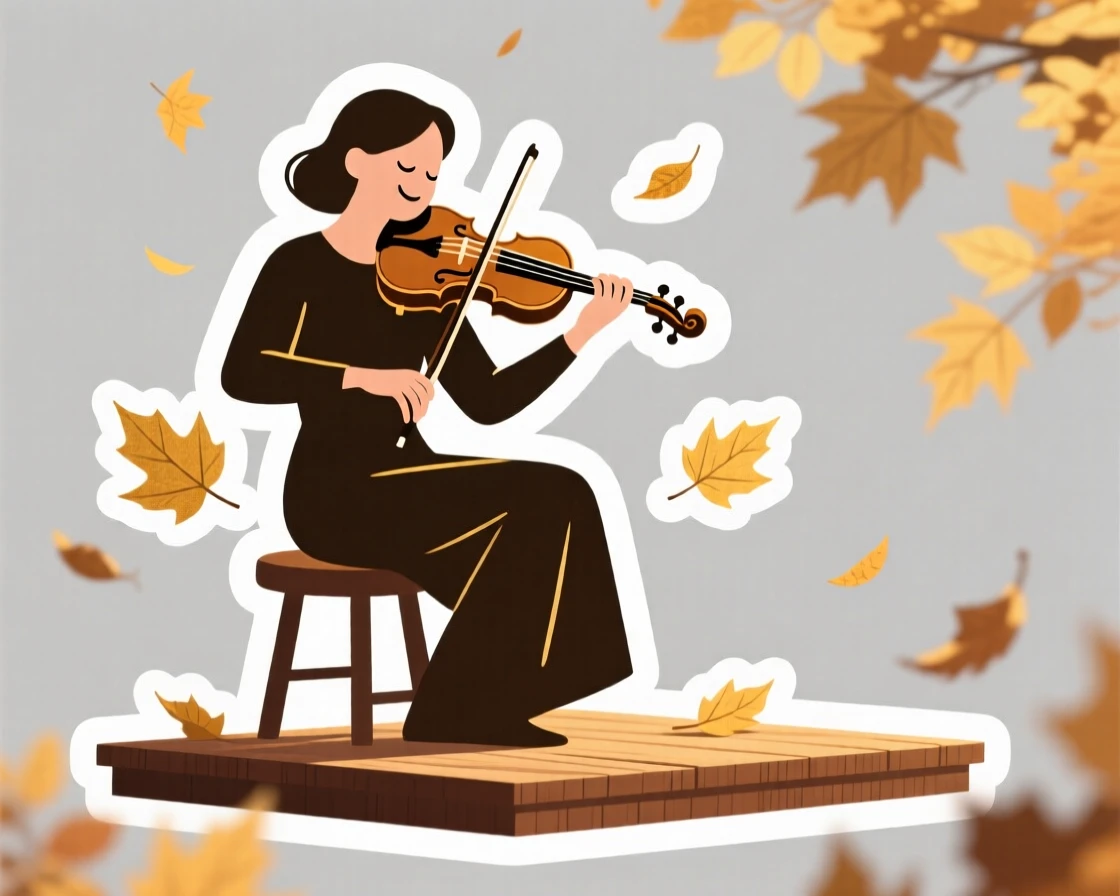 A calm and content violinist performing on a small stage, taking a short pause to admire their progress, during a golden autumn afternoon.
