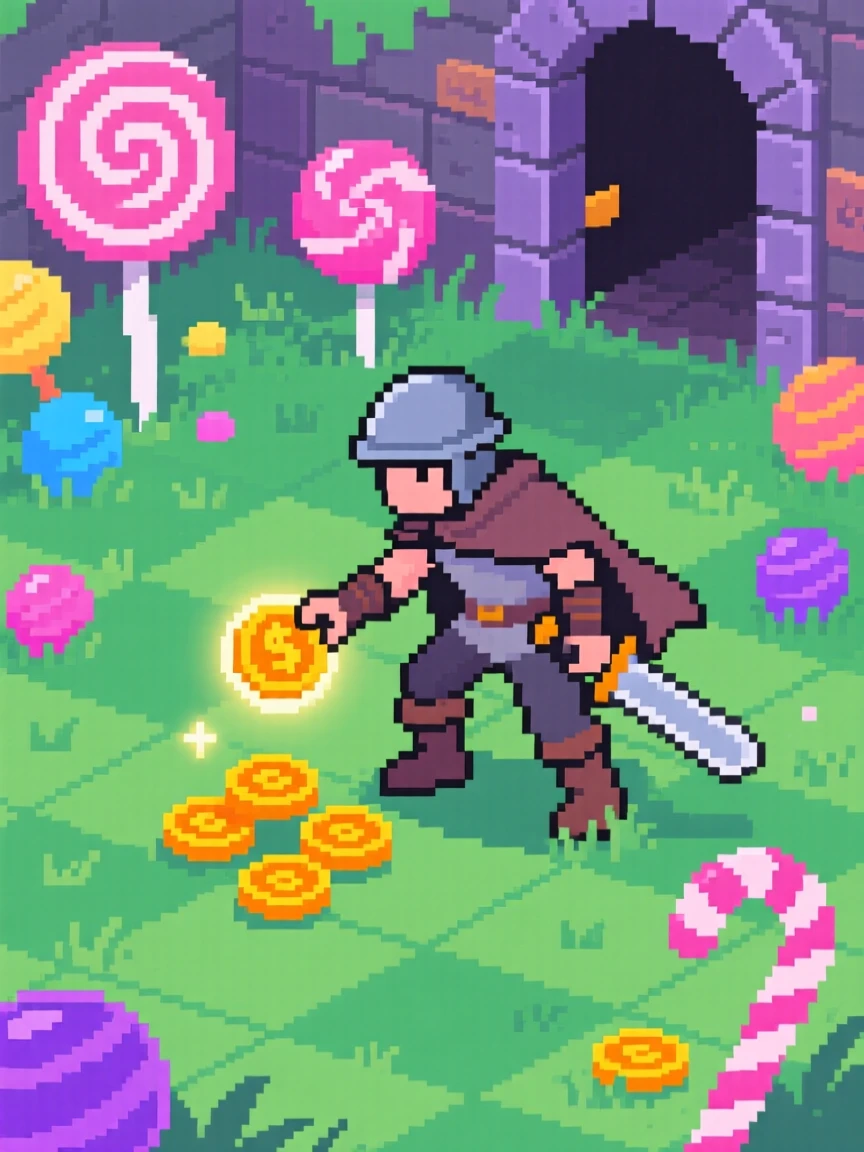 A dungeon explorer collecting glowing coins in a grassy field, inside a candy-colored bonus level.