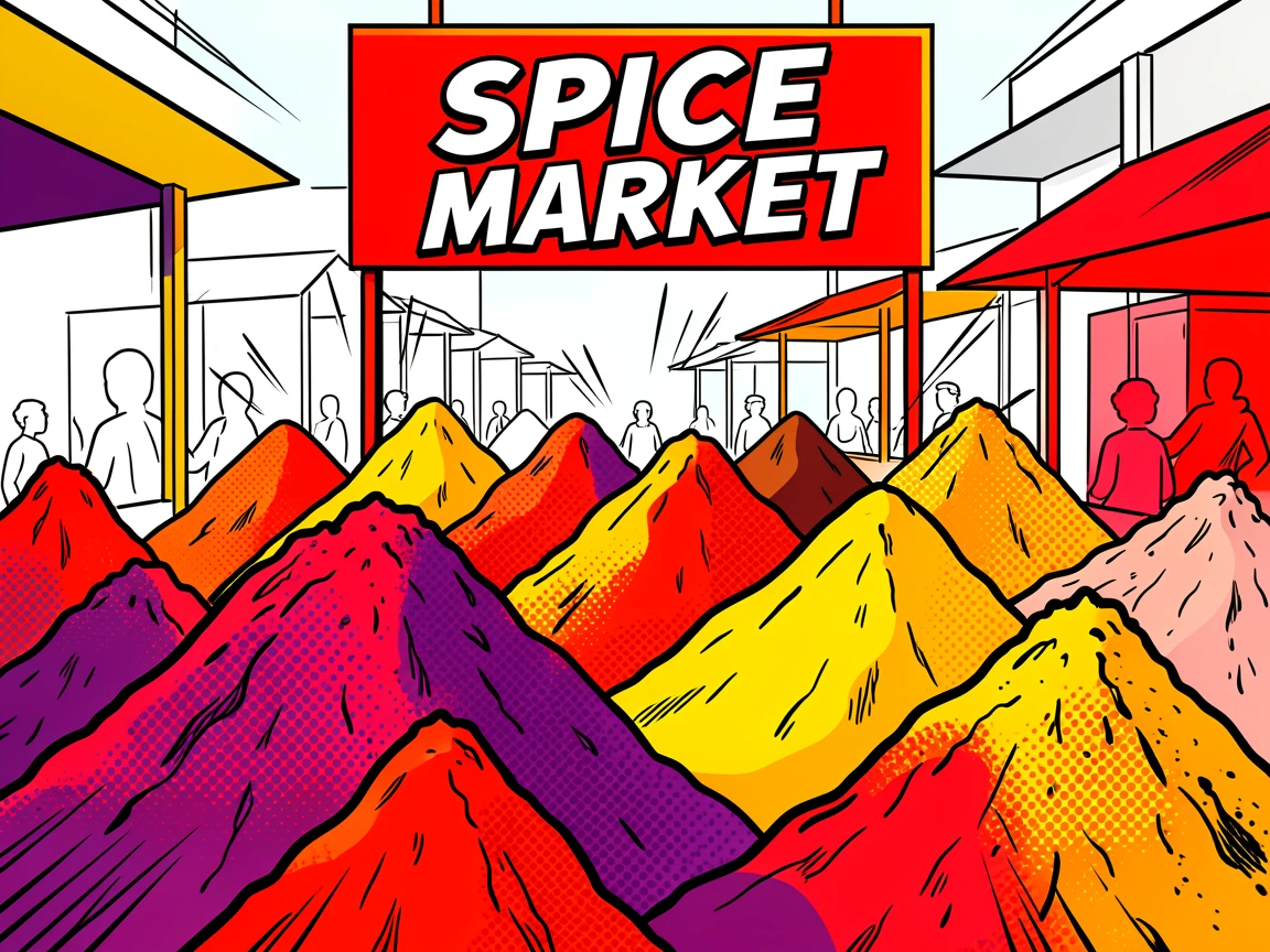 A bustling spice market with mounds of elaborate powders