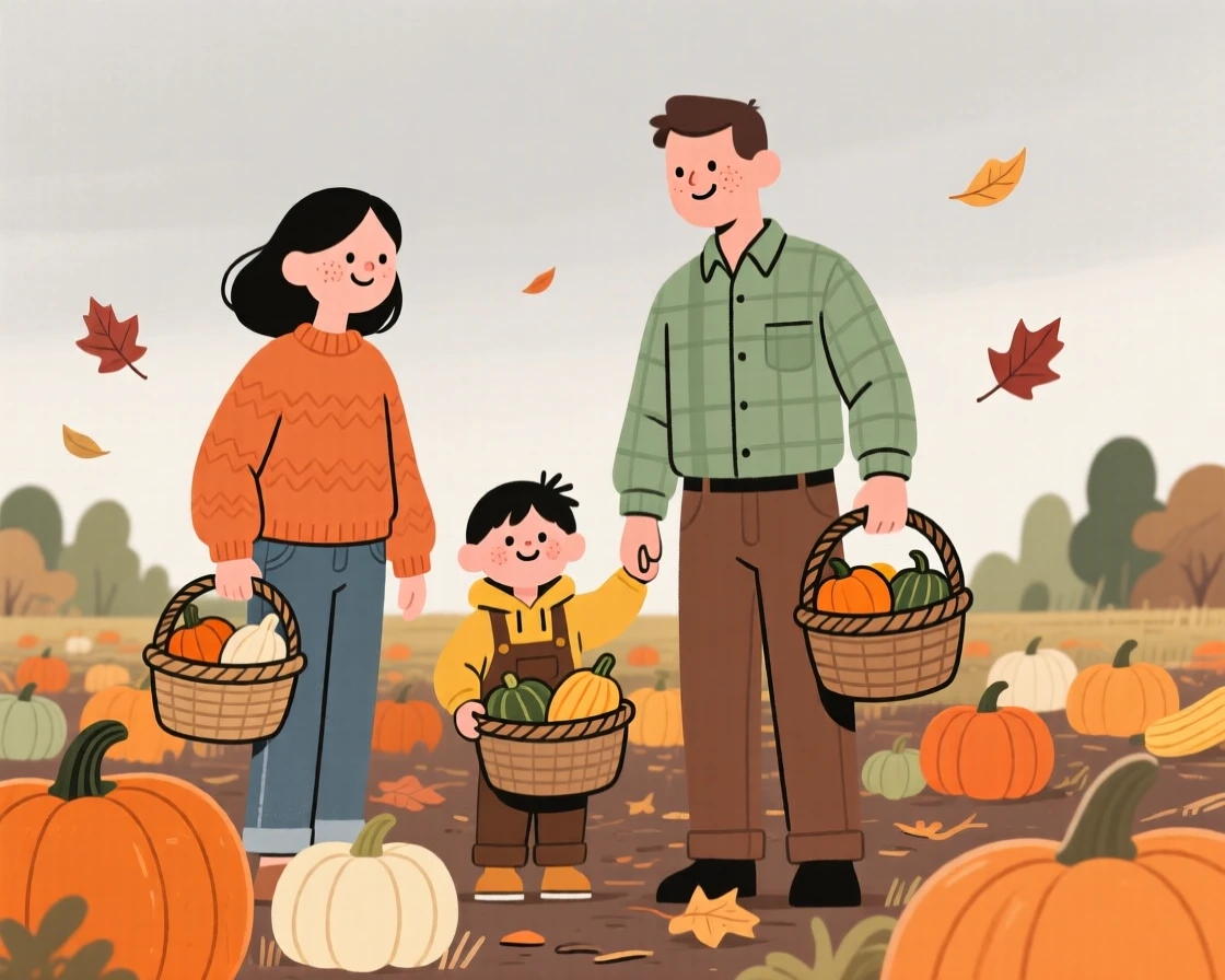 A family gathers baskets of squash in a pumpkin patch as the first falling leaves drift down around them under a overcast gray sky.