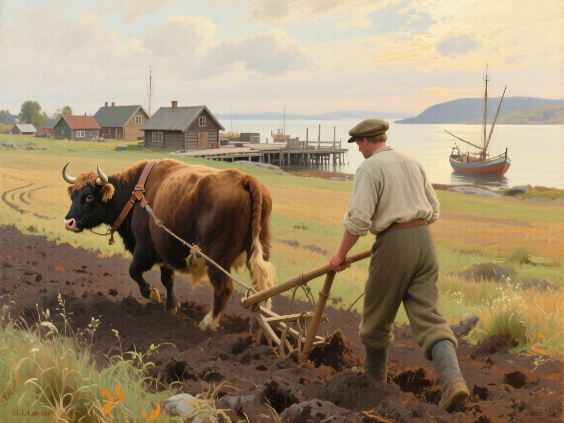 A wide establishing shot of a farmer plowing a field behind two sturdy oxen, in a Nordic fishing village, in the Edwardian era.