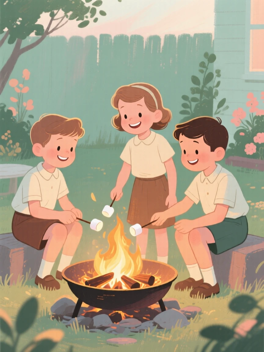 Children roasting marshmallows over a backyard fire pit