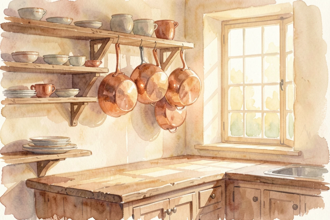 A sunlit kitchen with hanging copper pots.