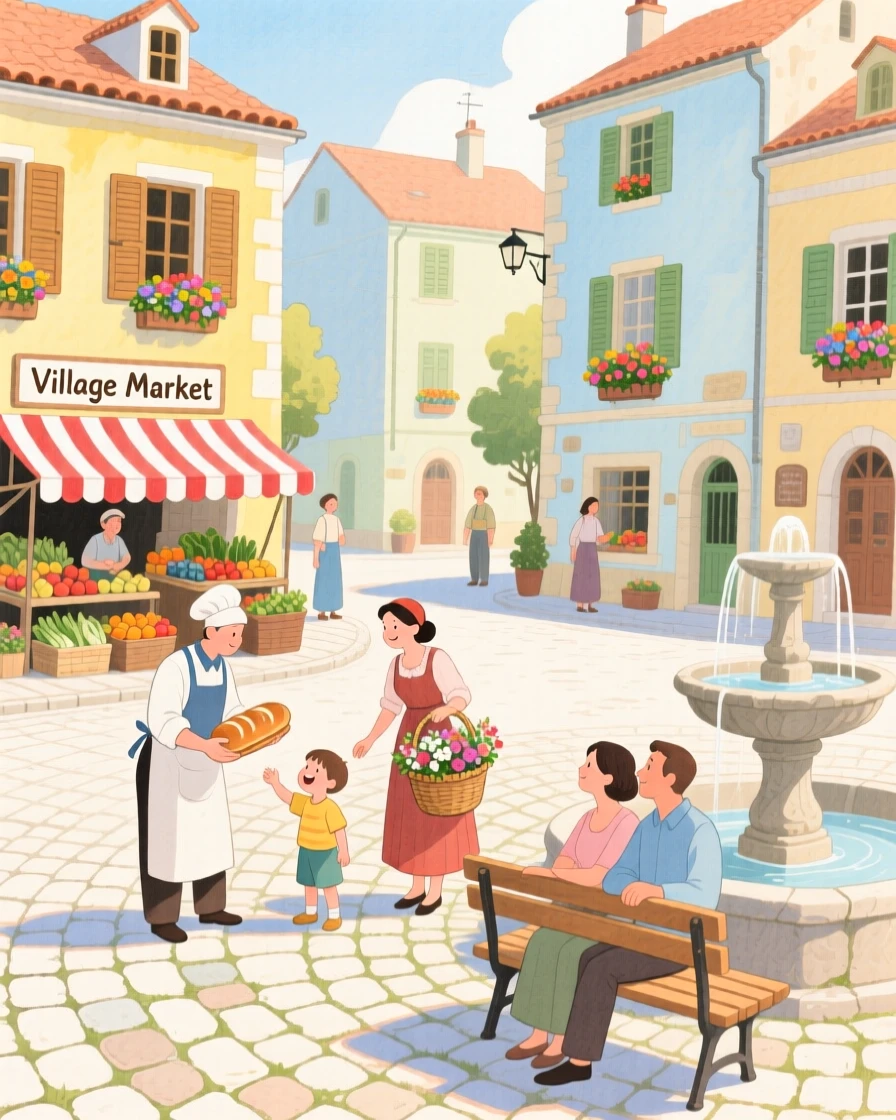 A charming village square with cobblestone streets, bustling gently with everyday village life.