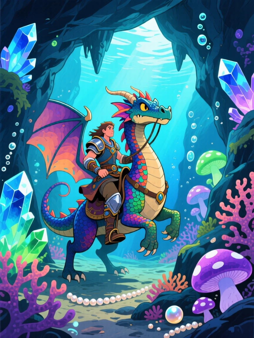 A dragon rider exploring a crystal cave lit by glowing mushrooms, in an underwater kingdom of coral and pearl, evoking a sense of epic adventure and courage.