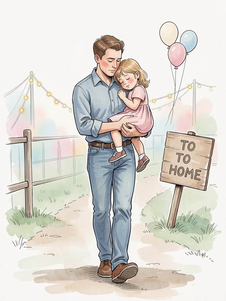 A father carrying his sleepy daughter home after a day at the fair, the everyday moment made memorable by its quiet sincerity.