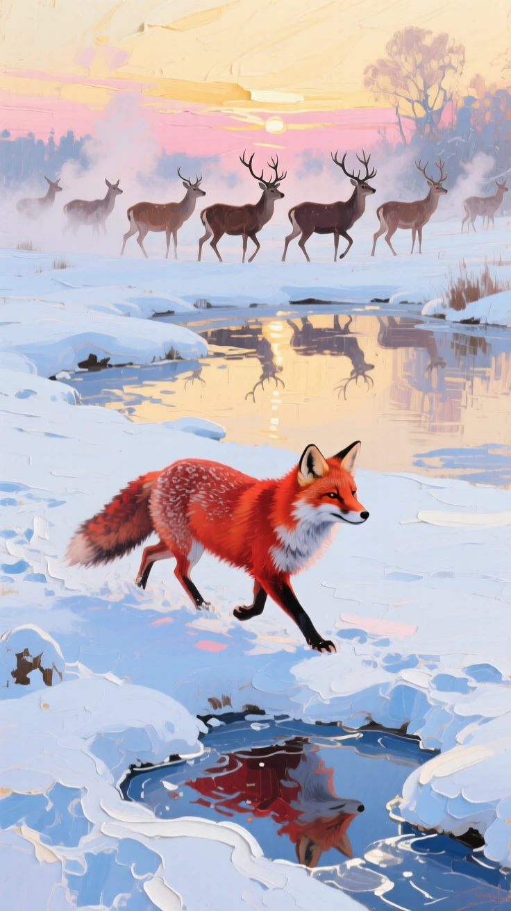 A red fox trotting through freshly fallen snow, the herd moving together in perfect coordination, beside a watering hole at dawn, on a crisp winter morning, breath visible in the cold air.