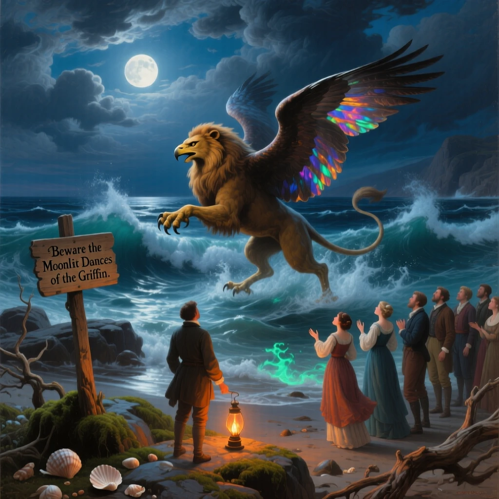 A griffin dances beneath a foaming, moonlit sea as mortals watch in awe.