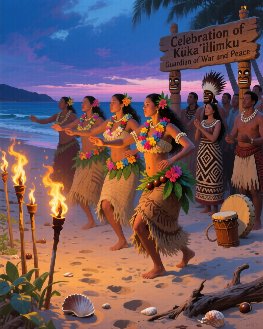Native Hawaiian dancers performing hula on a torch-lit beach at dusk, as onlookers in traditional dress watch the scene unfold, capturing the grandeur and detail of a bygone era