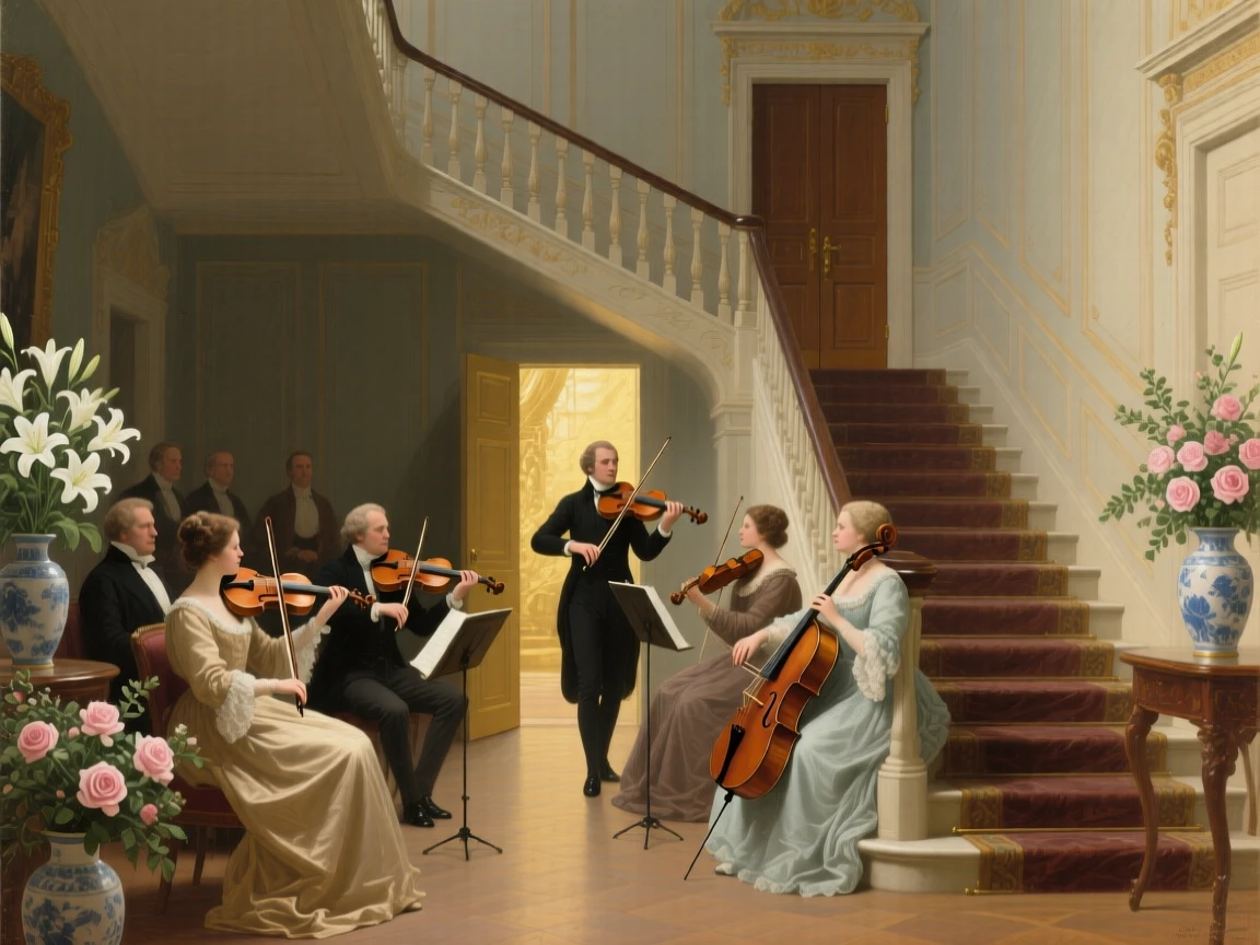 A string quartet performing for seated aristocratic guests just before the grand doors are thrown open, set on the sweeping staircase of a grand estate, with fresh flowers arranged in porcelain vases throughout the room; converging sightlines from the guests draw attention to the central gesture, filled with quiet ceremony and inherited dignity.