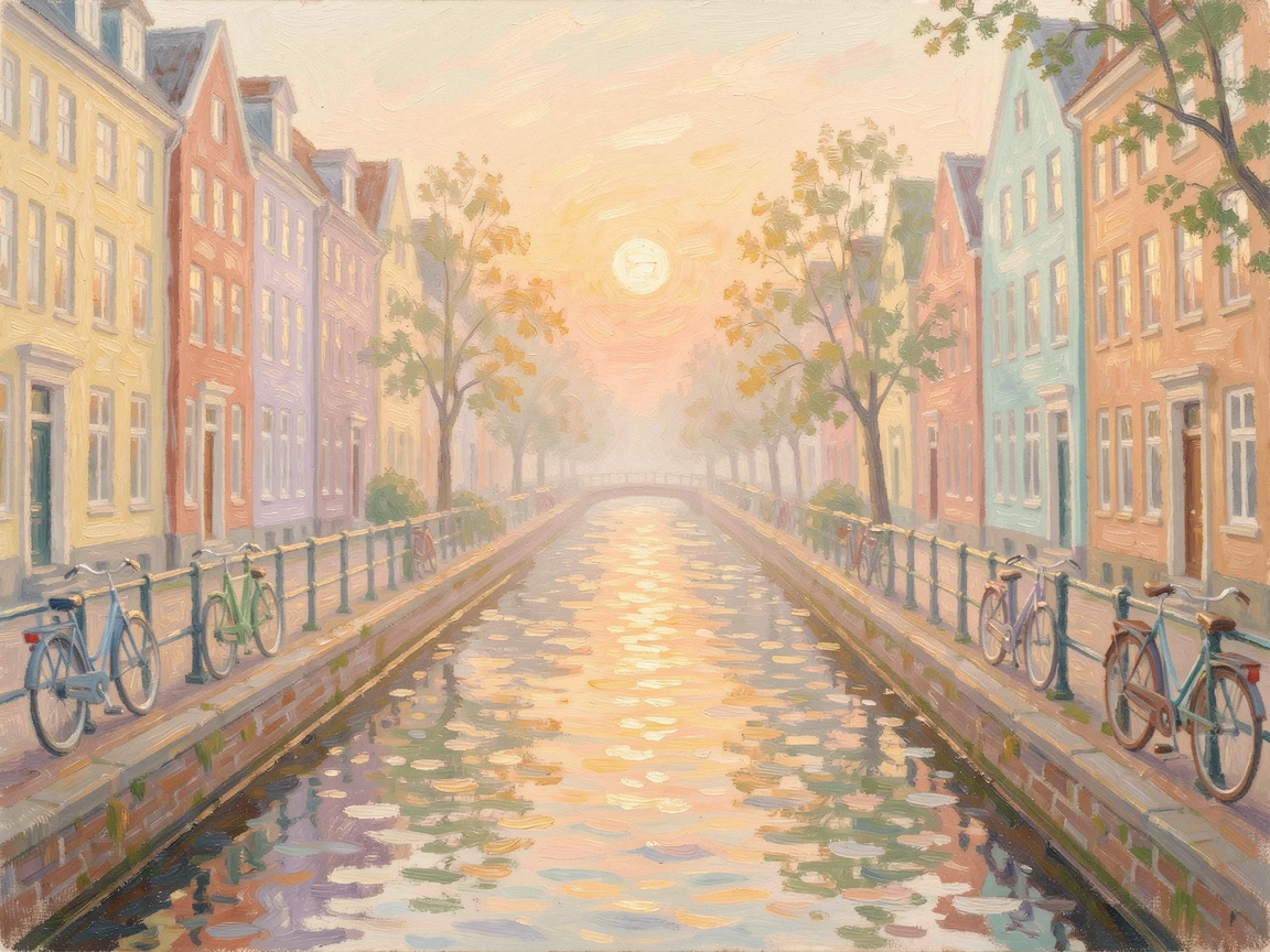 A quiet canal in Copenhagen lined with colorful townhouses and bicycles leaning against railings, at golden sunrise.