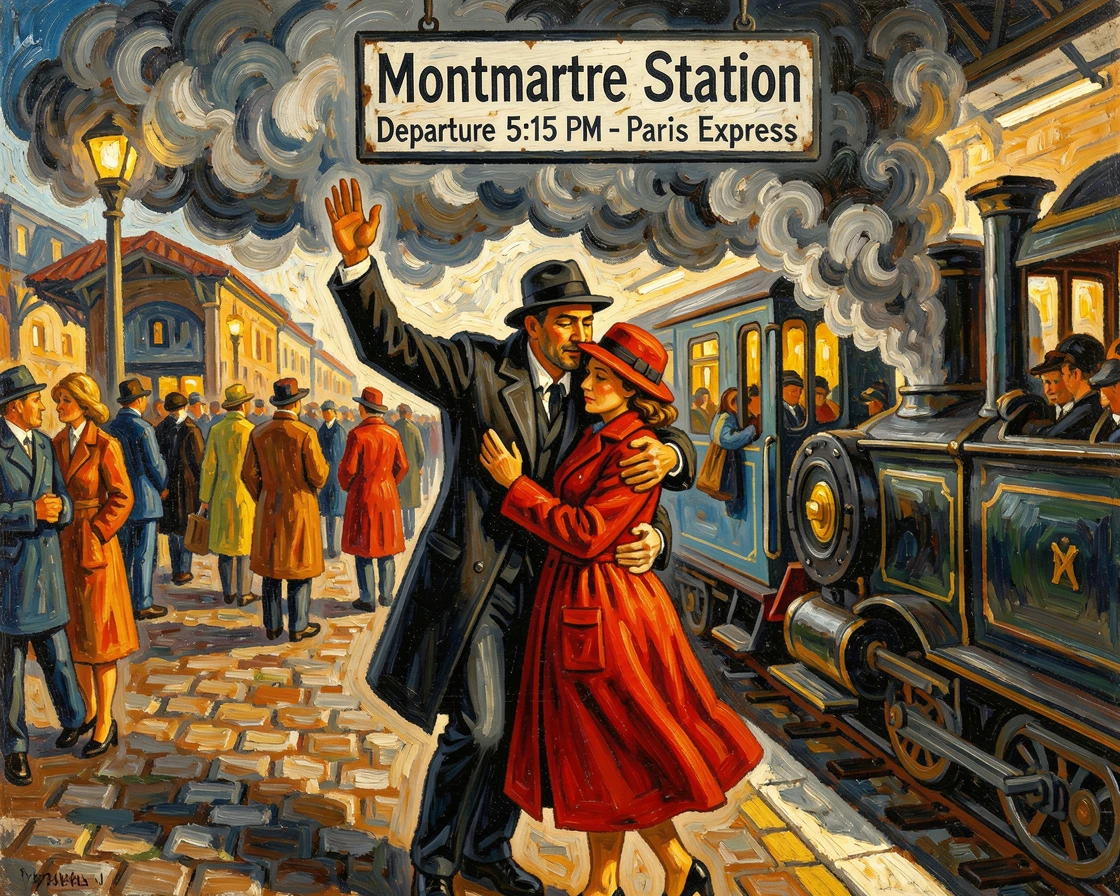 A couple embracing on a train platform, one departing as the other waves goodbye.