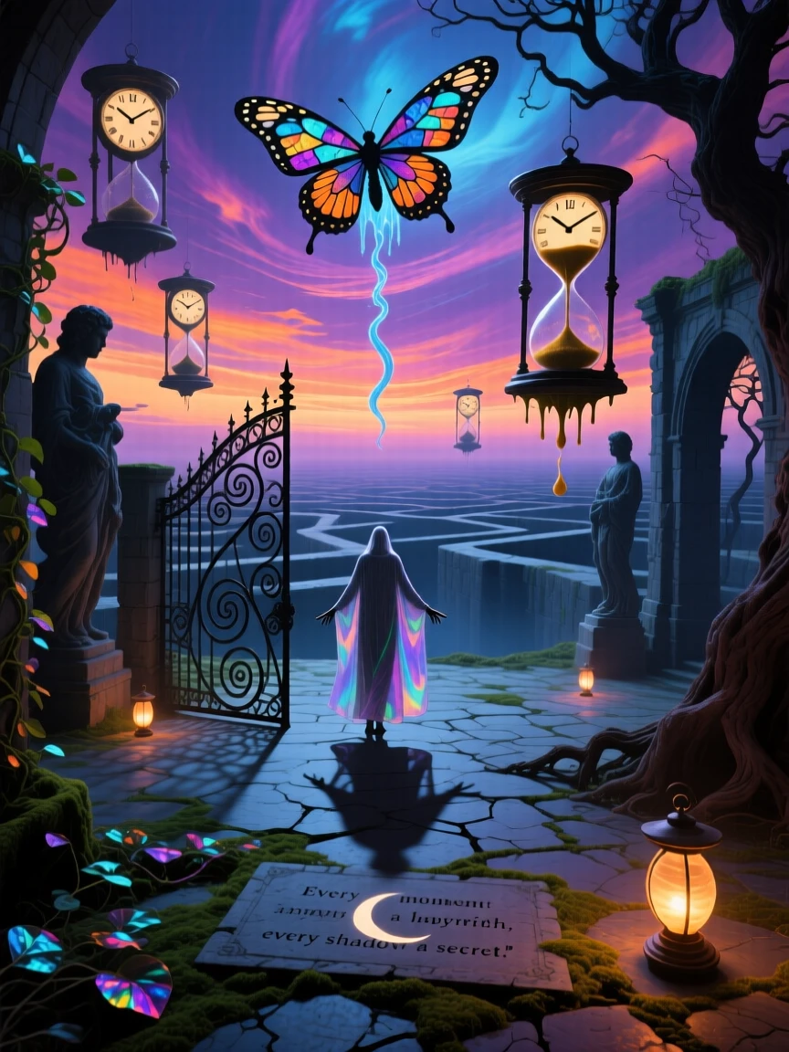 A courtyard where every shadow points toward a different hour stretches into a horizon that never quite arrives, while a lone figure walks calmly through its impossible turns.