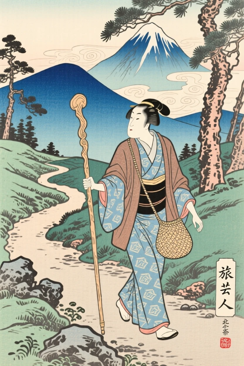A traveling performer walking a mountain path with a wooden staff.