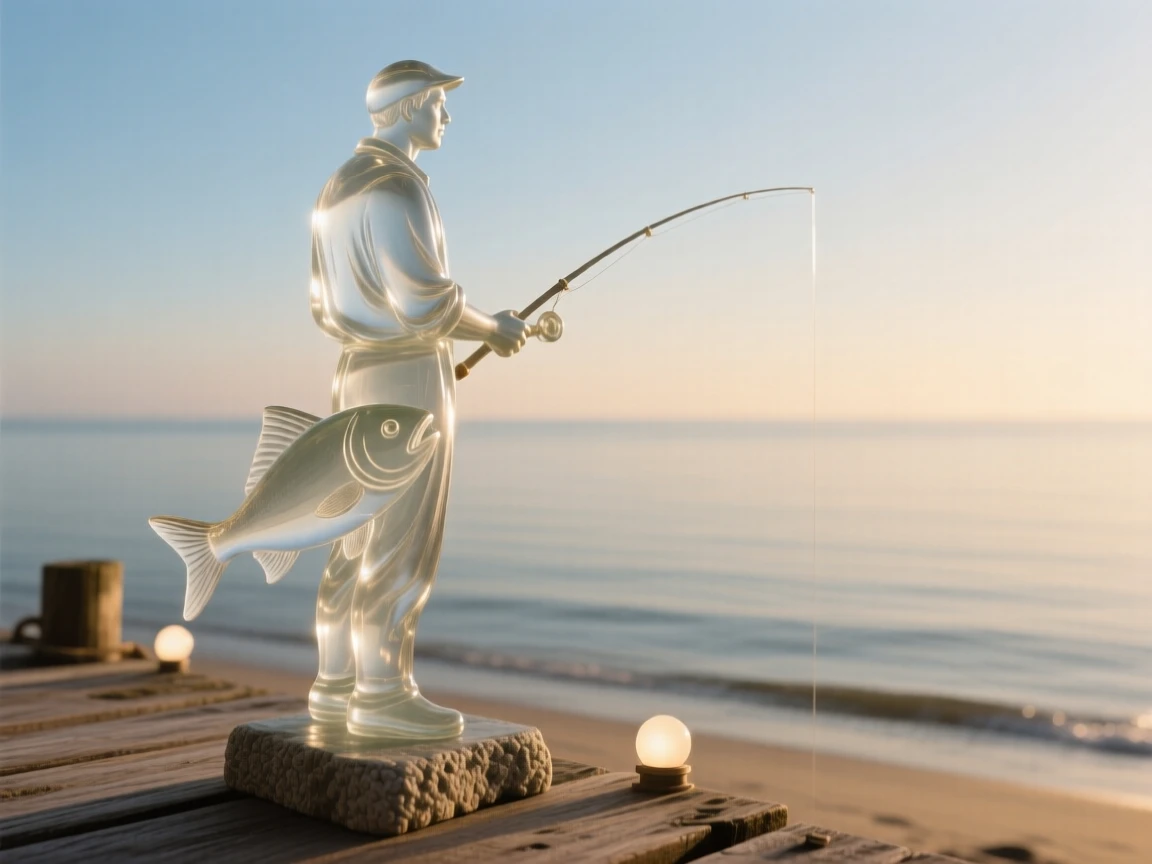 A fisherman gazing out over calm morning waters captured in a candid, unposed moment, golden hour light wrapping around the figure, feeling authentic and moving.