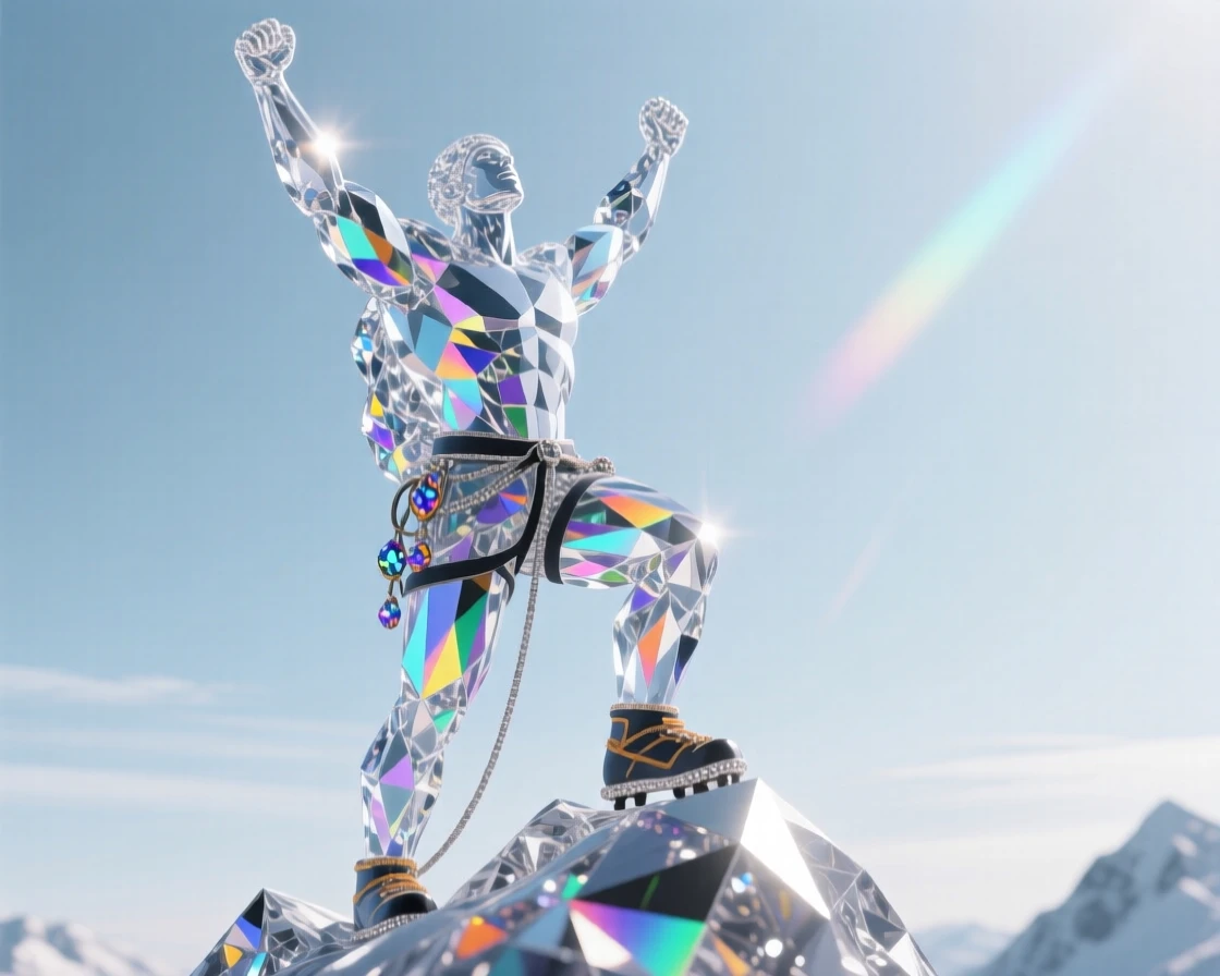 A determined mountain climber reaching the summit, arms raised against a vast sky.