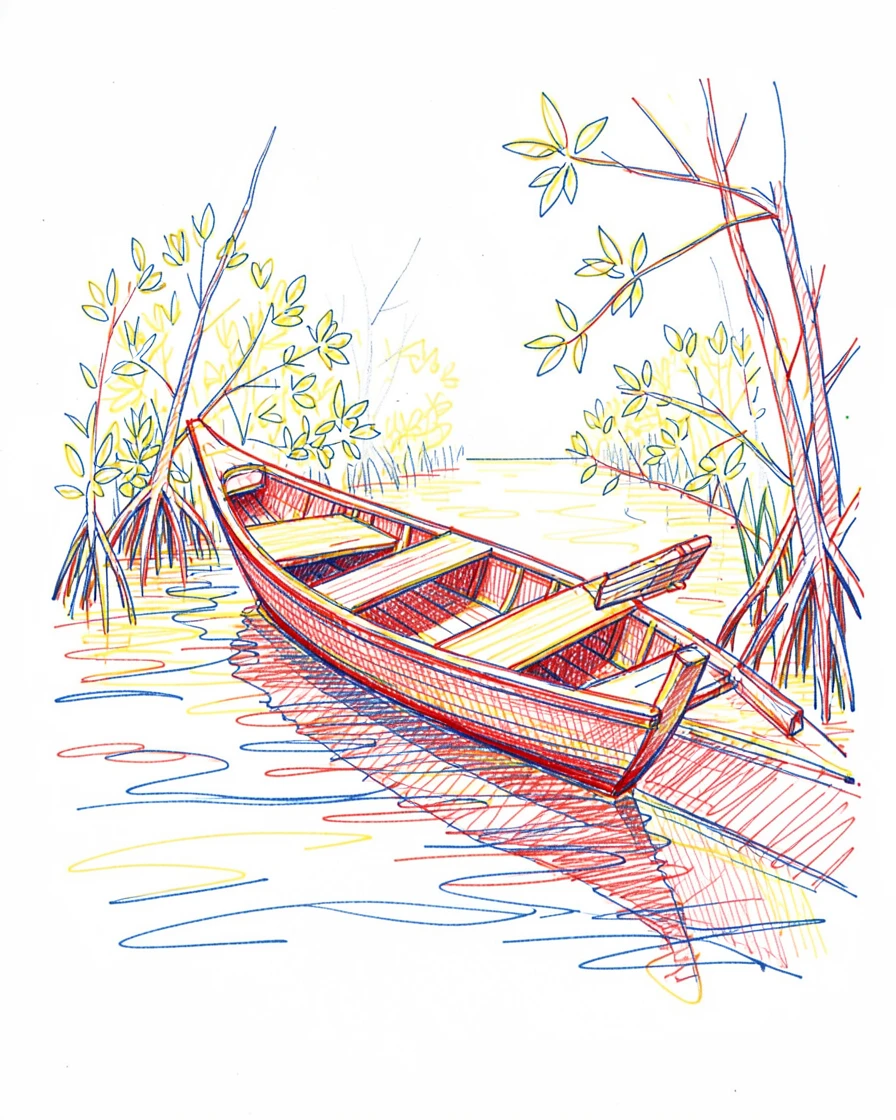 A traditional wooden boat gliding through a quiet mangrove canal
