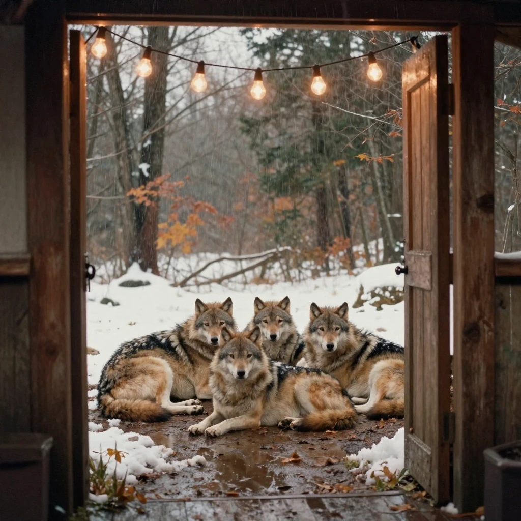 A pack of wolves resting together in a snowy clearing, under strings of warm string lights, just after a rain shower, with puddles reflecting the sky, in the mild days of early autumn, with a soft sepia-tinted glow, framed through an open doorway.