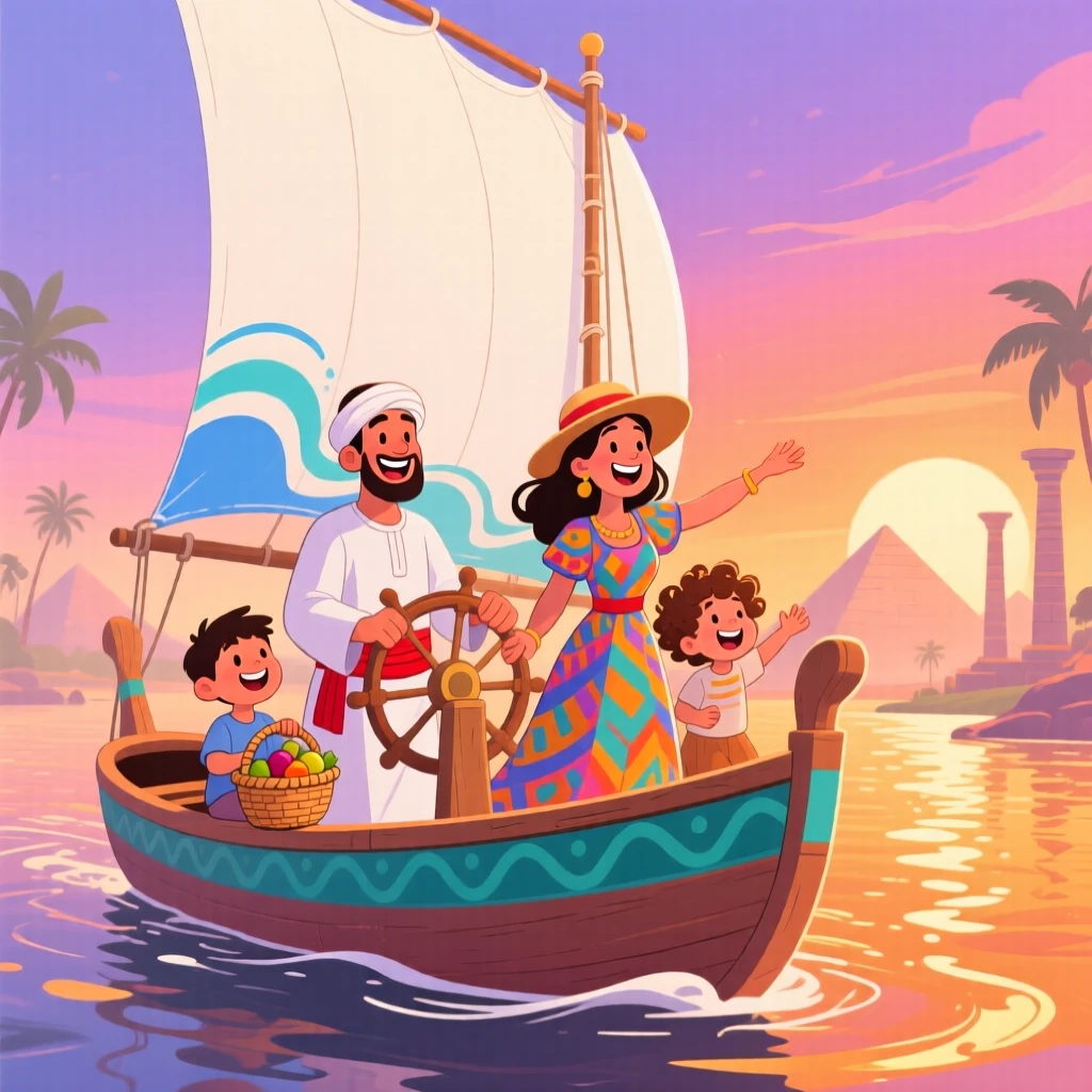 A family in Egypt sailing a felucca boat along the Nile at sunset.