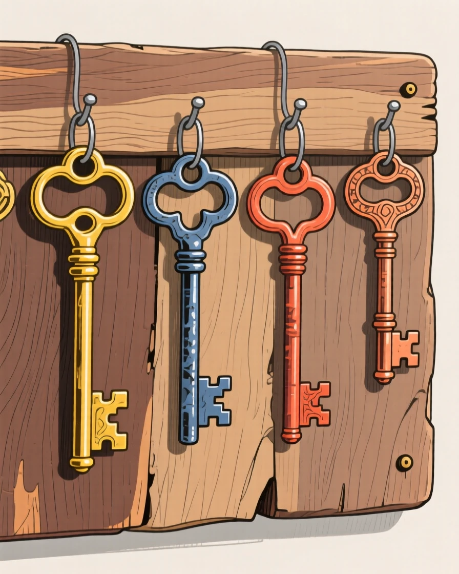 A collection of antique keys hanging on a wooden board.