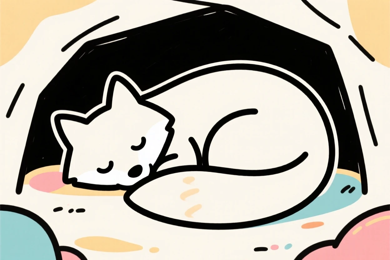 A cute cartoon fox curled up asleep inside a cozy den.
