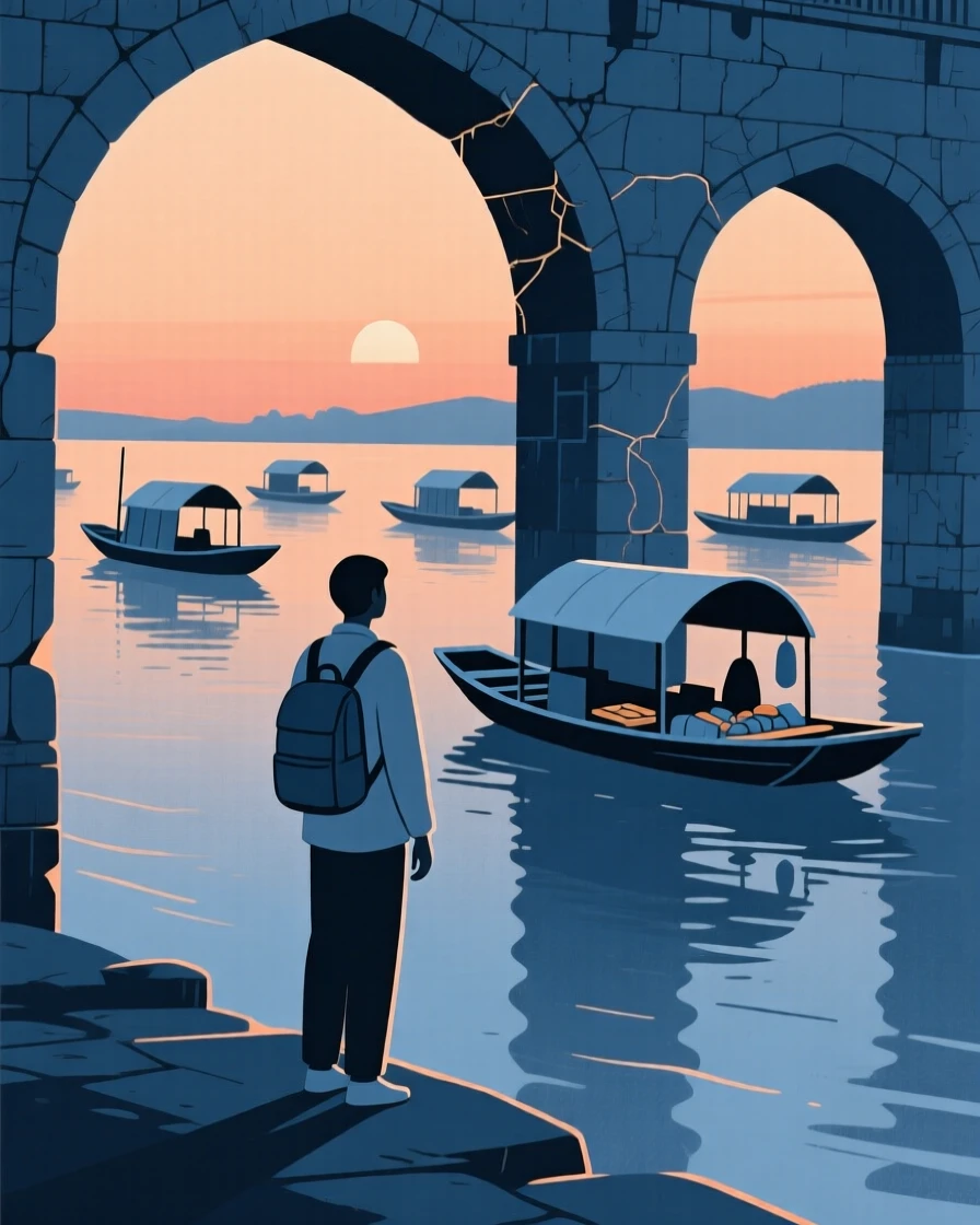 A traveler standing before a floating market in a riverside city at dusk, with weathered stone archways nearby, feeling timeless nostalgia.