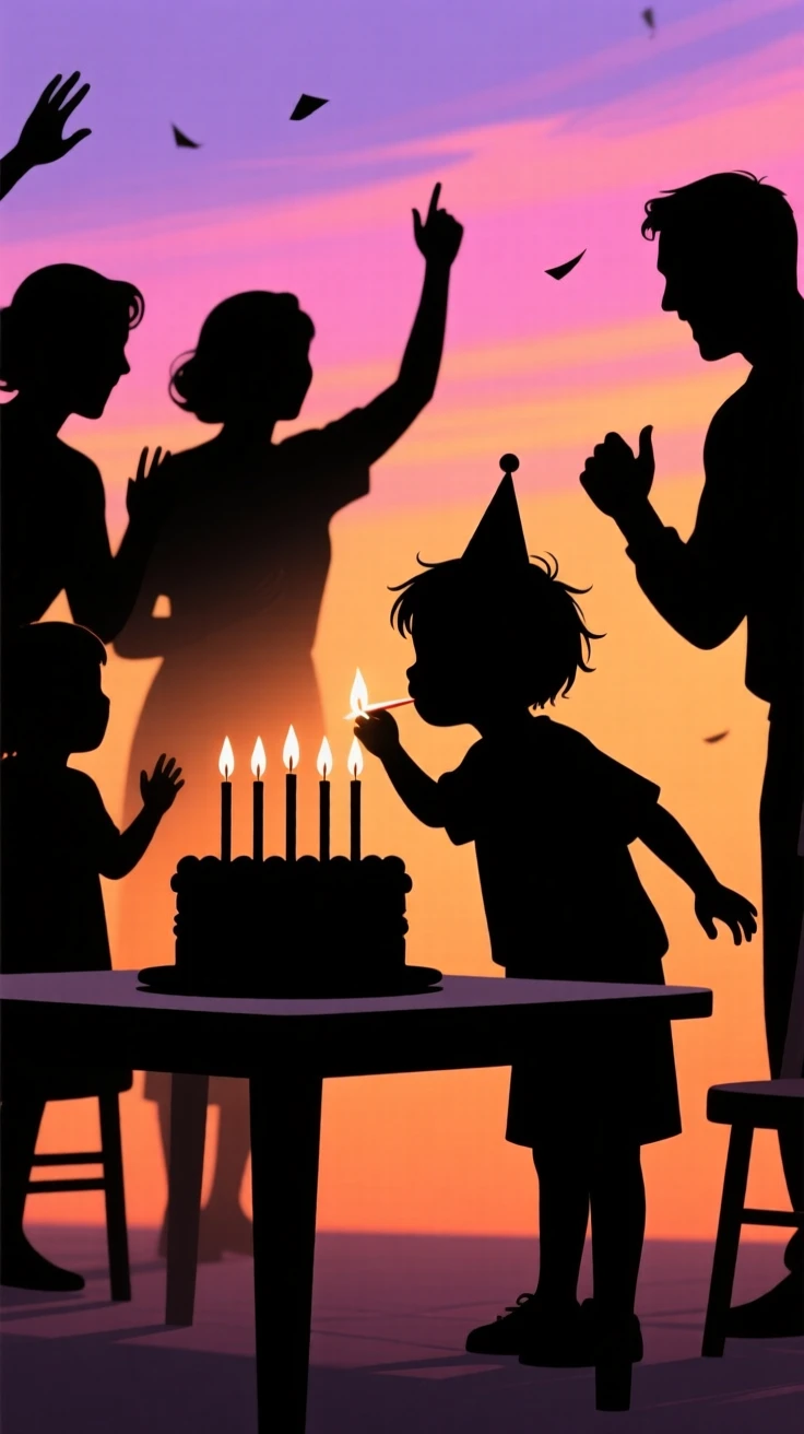 A child blowing out candles on a birthday cake surrounded by family.