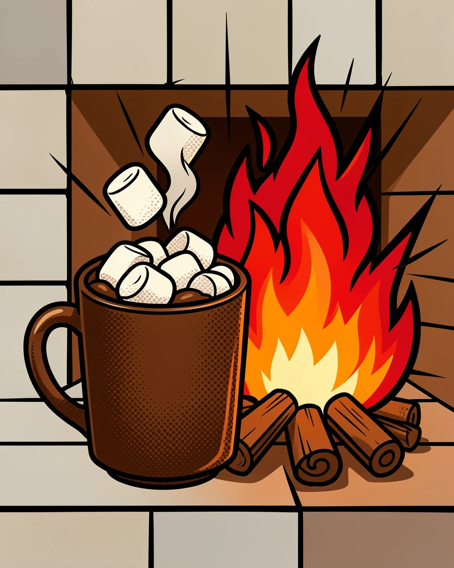 A mug of hot cocoa topped with marshmallows beside a fireplace
