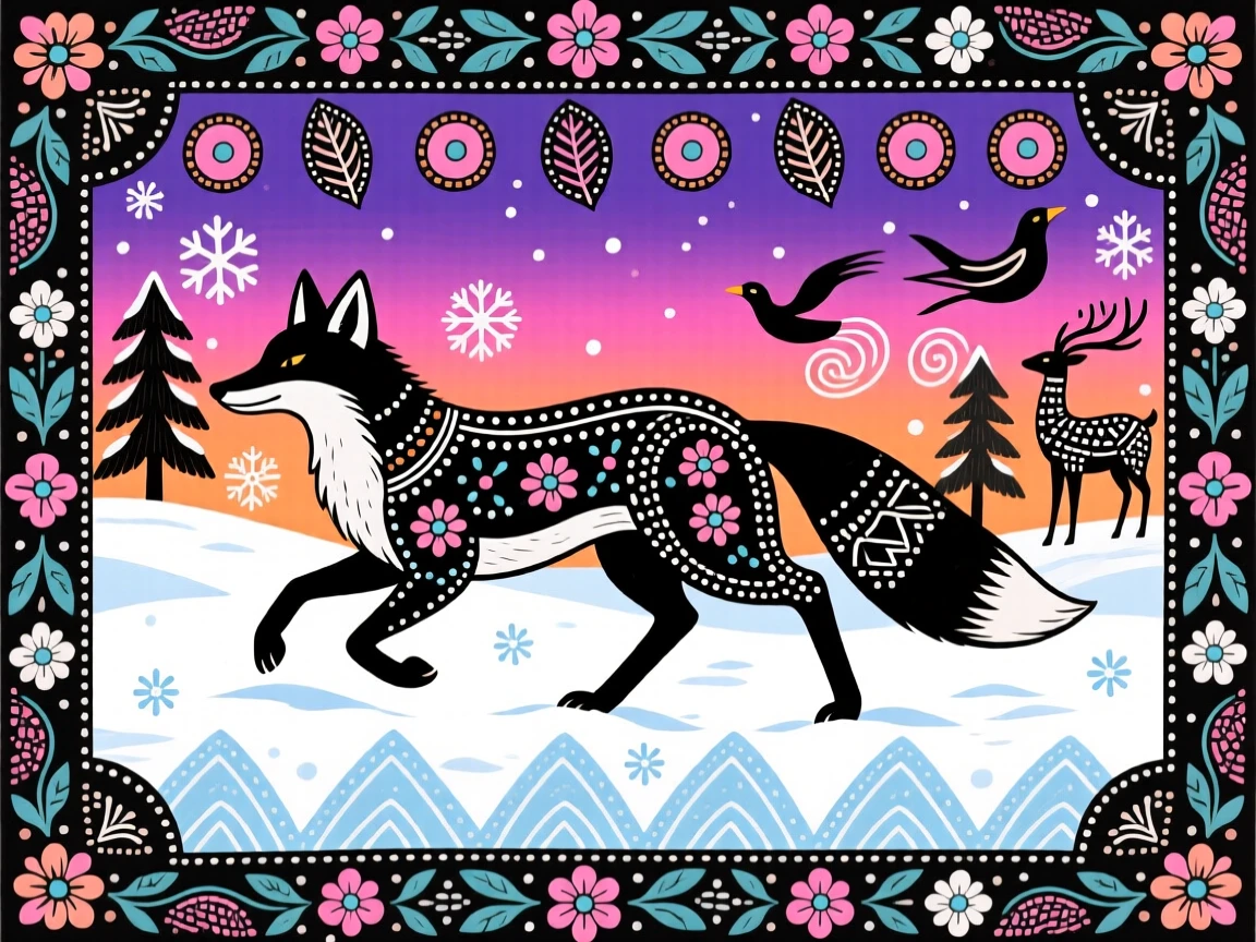 An arctic fox trotting across freshly fallen snow at twilight.
