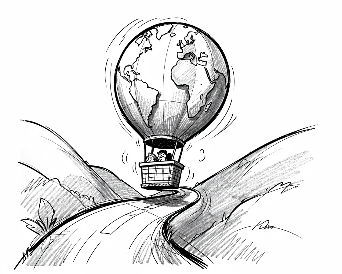 A hot air balloon shaped like a globe climbing a winding hillside road.