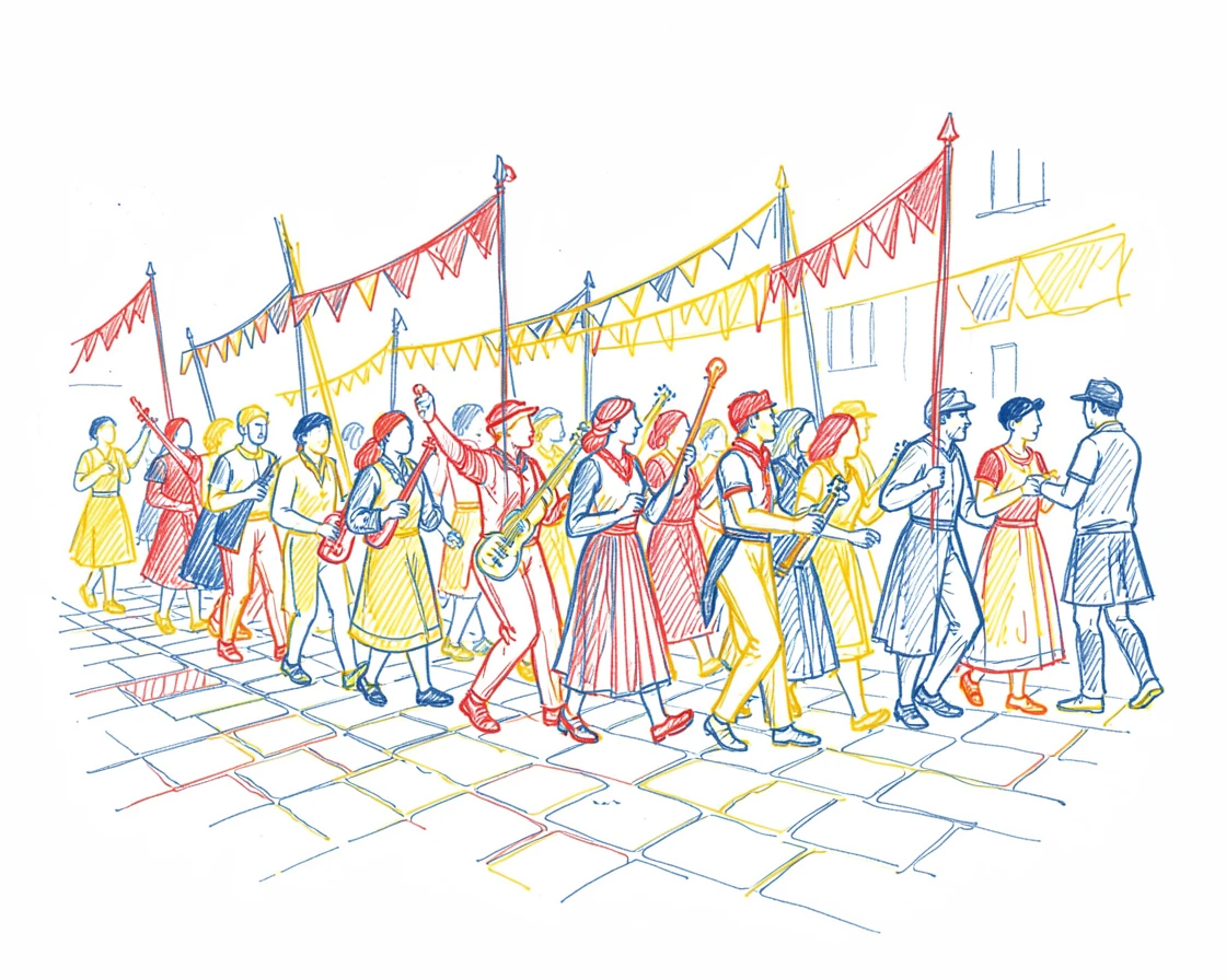 A colorful festival procession moving through an old cobblestone square