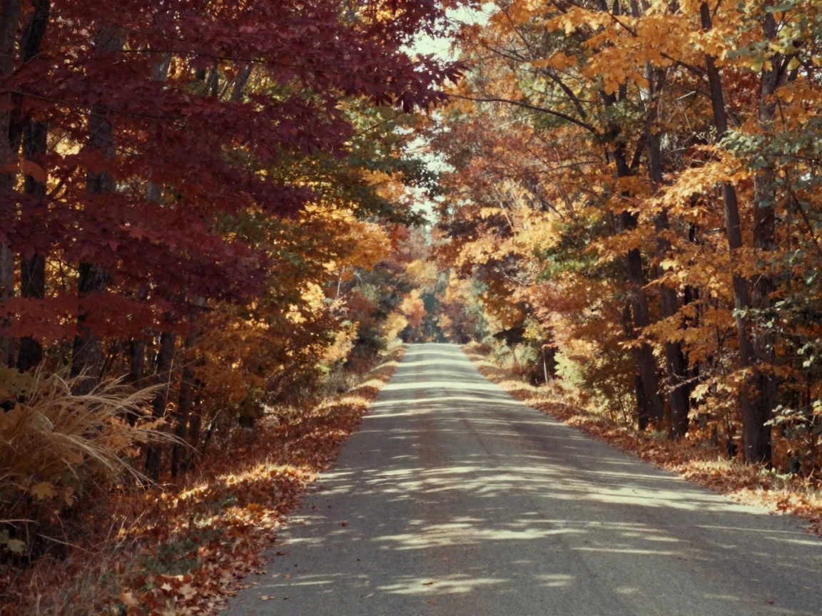 A country road lined with trees ablaze in autumn color, in dappled light filtering through leaves, with a soft breeze stirring the air, in autumn, with rich burgundy and gold accents, from behind, looking toward the horizon.