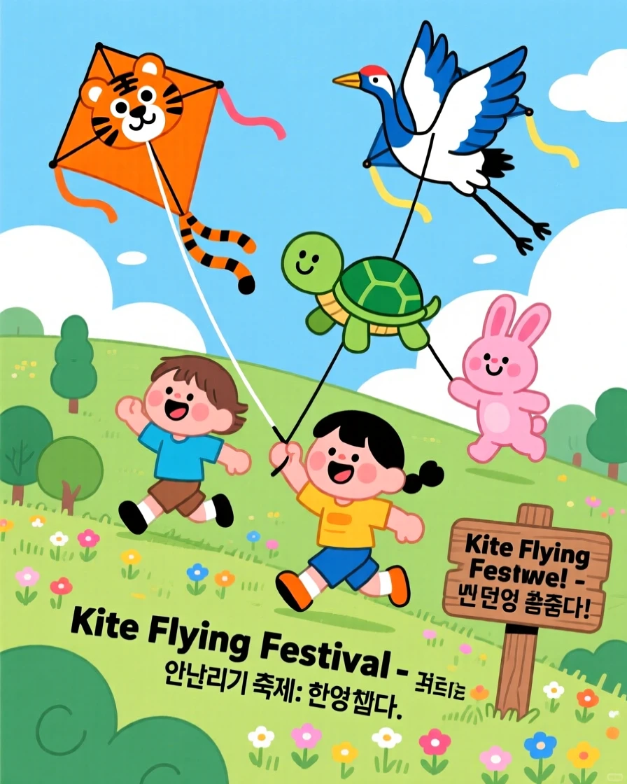 Children in South Korea flying kites shaped like animals over a hillside.