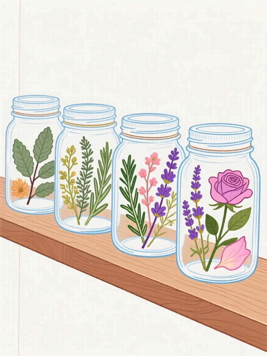 A row of mason jars filled with dried herbs and flowers.