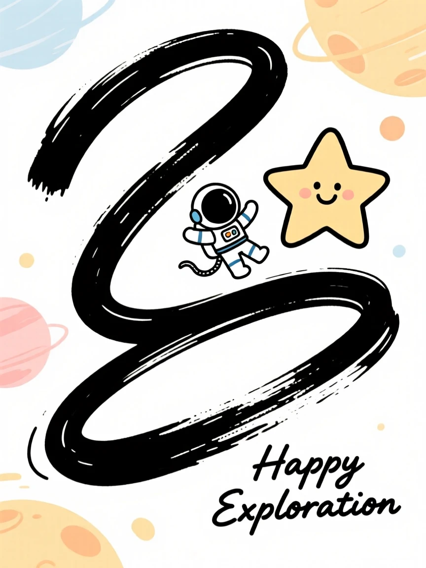 A tiny cartoon astronaut floating happily beside a smiling star.