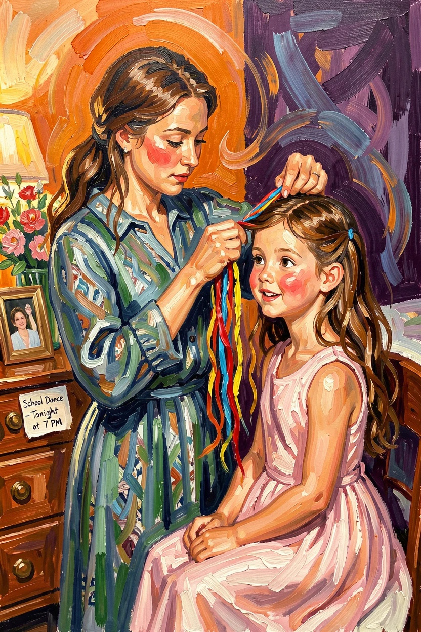 A mother braiding ribbons into her daughter's hair before a school dance.