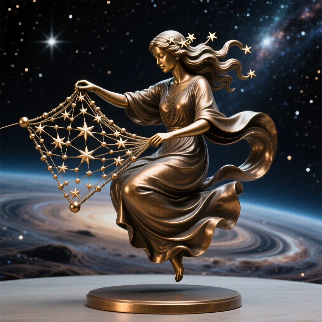 A celestial maiden weaving stars into the night sky, set against a vast celestial backdrop, radiating awe and grandeur