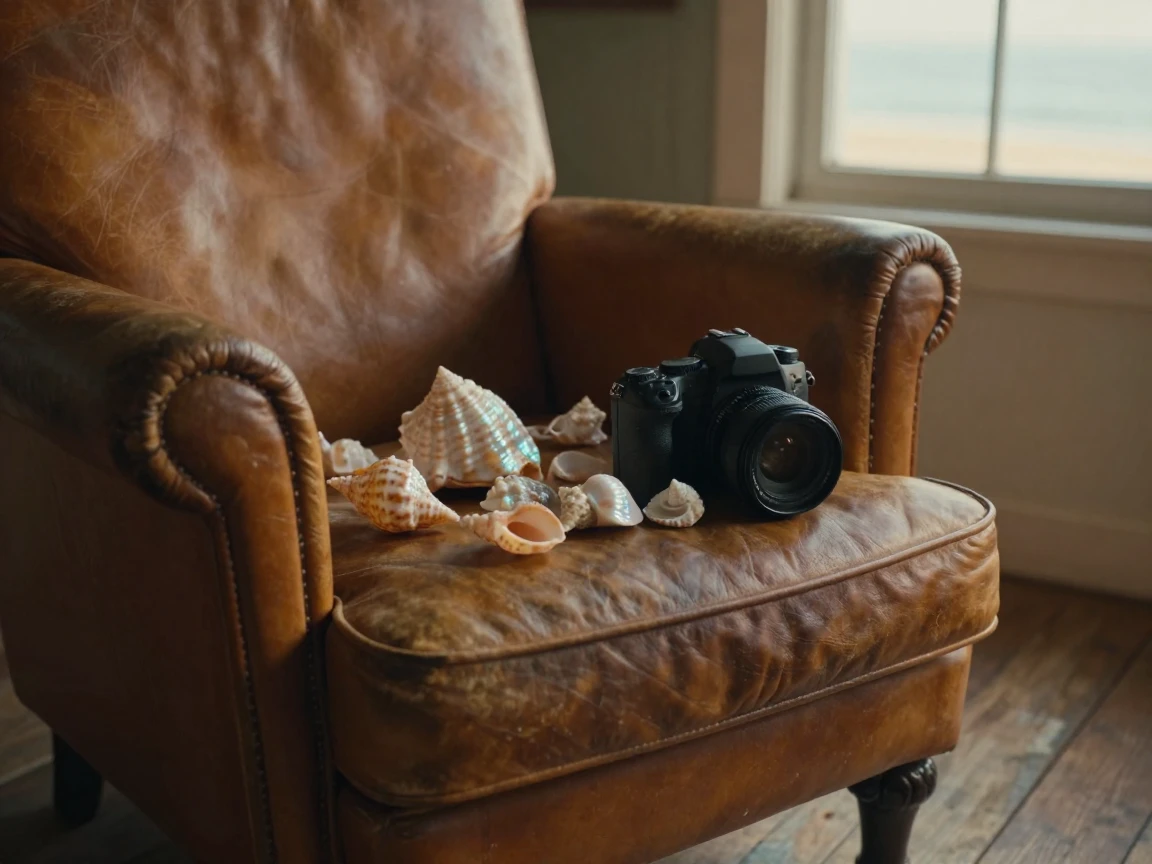 A collection of seashells left beside a well-worn armchair, quietly telling its own small story