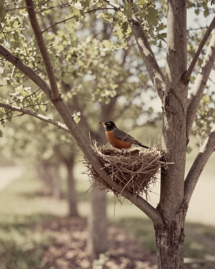 A robin building a nest in the fork of a budding tree, in gentle diffused daylight, as heat shimmers over the ground, in the height of summer, with a soft sepia-tinted glow, framed symmetrically down a long corridor.
